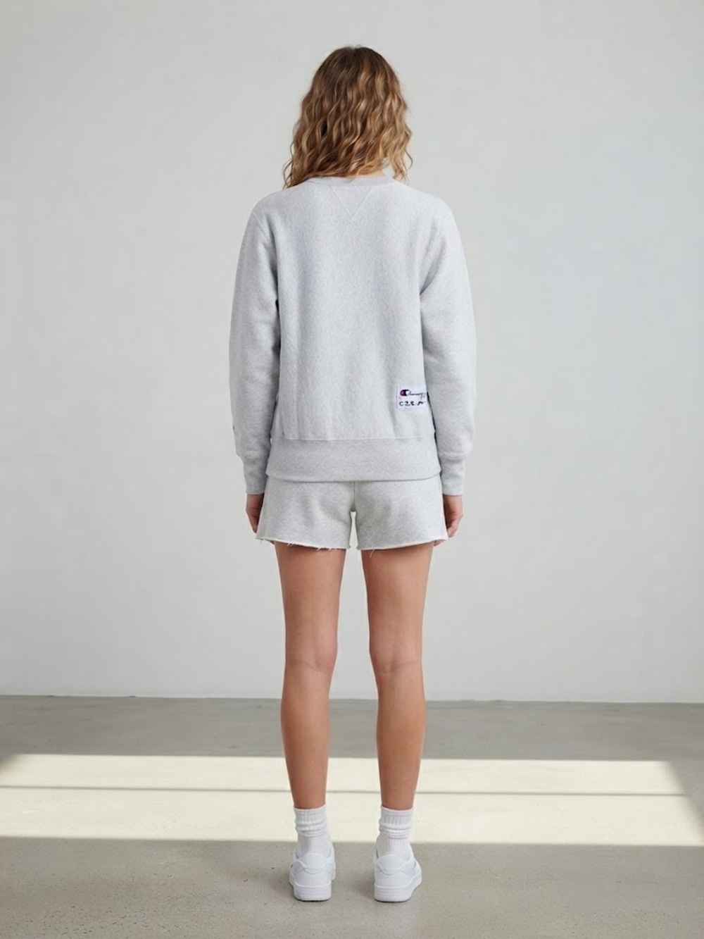 Champion Light Gray Terry Sweatshirt and Matching Athletic Shorts, Size L/M - Picture 2 of 14